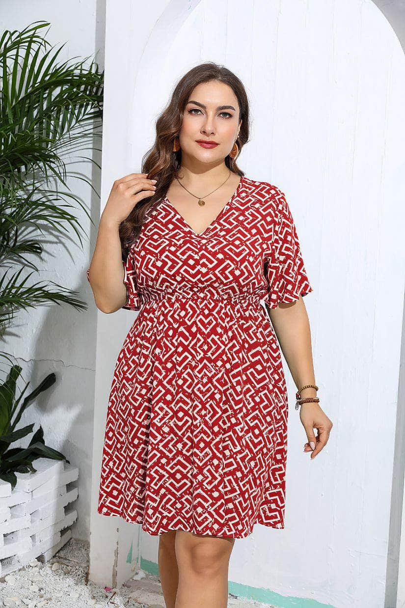 Plus Size Flared Sleeves Ruched Waist Geometric Print Midi Dress