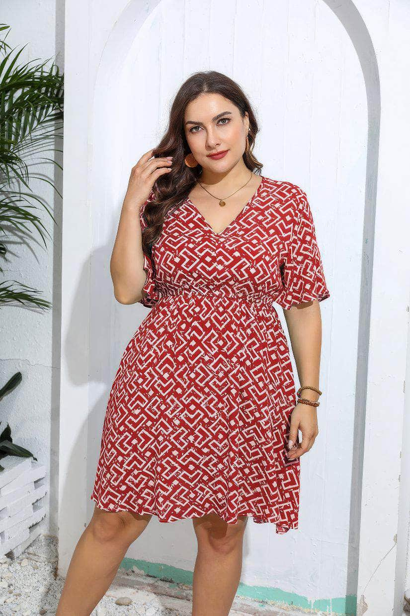 Plus Size Flared Sleeves Ruched Waist Geometric Print Midi Dress