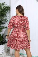 Plus Size Flared Sleeves Ruched Waist Geometric Print Midi Dress