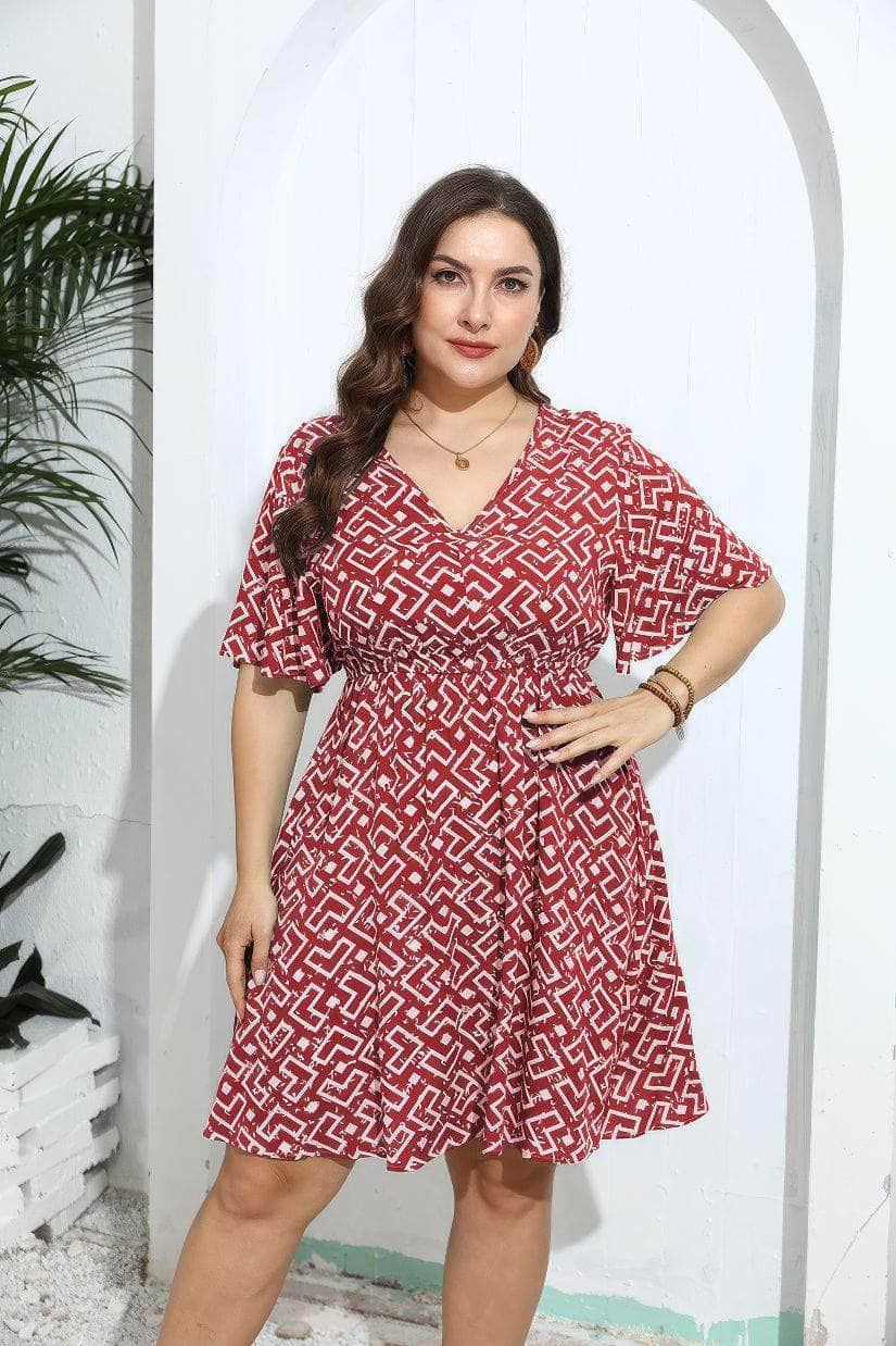 Plus Size Flared Sleeves Ruched Waist Geometric Print Midi Dress US 16-18 / DarkRed