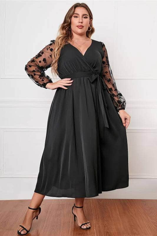 Plus Size Floral Applique Lace Mesh Maxi Dress