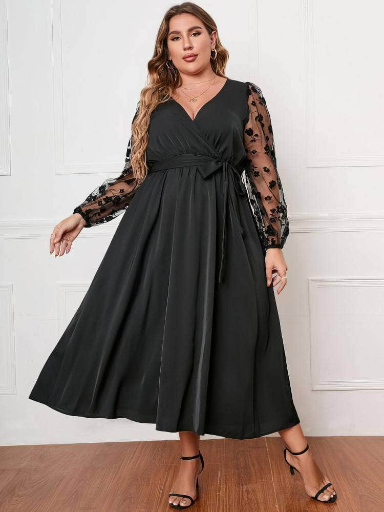 Plus Size Floral Applique Lace Mesh Maxi Dress