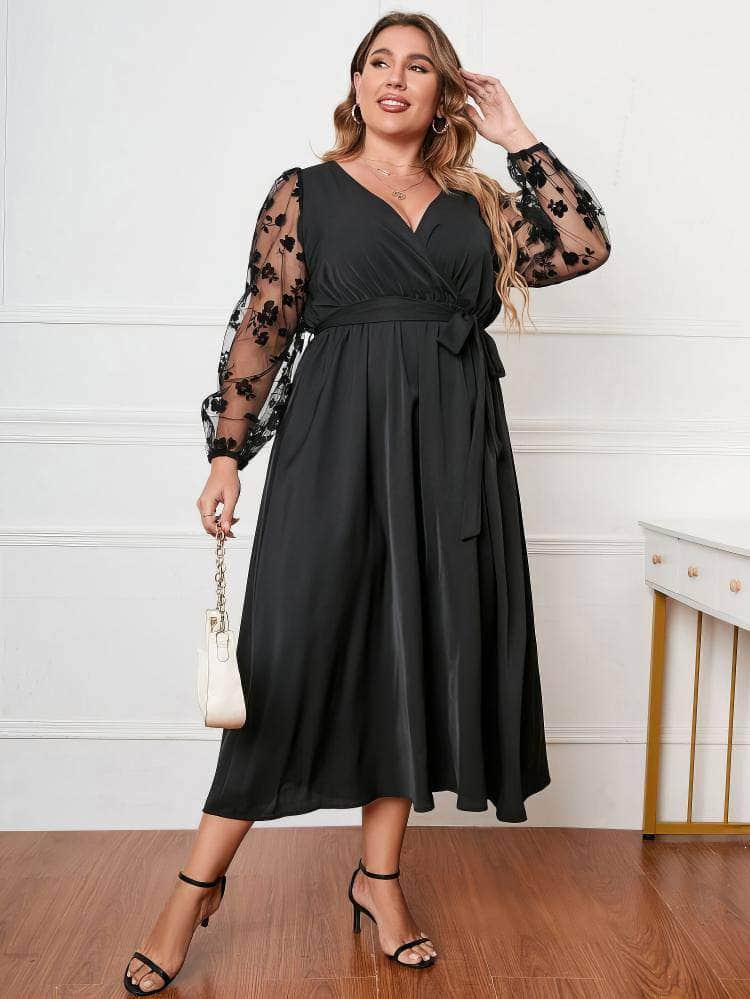 Plus Size Floral Applique Lace Mesh Maxi Dress