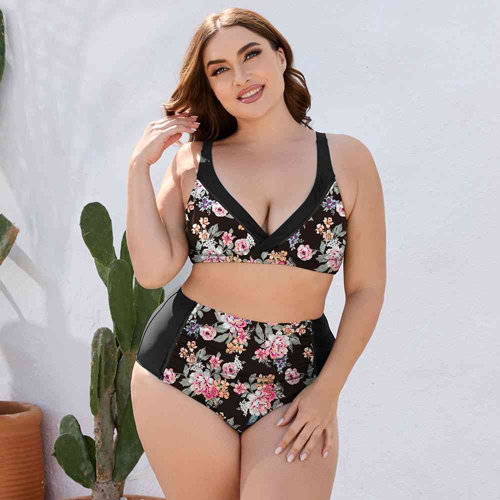 Plus Size Floral High Waist Two-Piece Swim Set Black / L