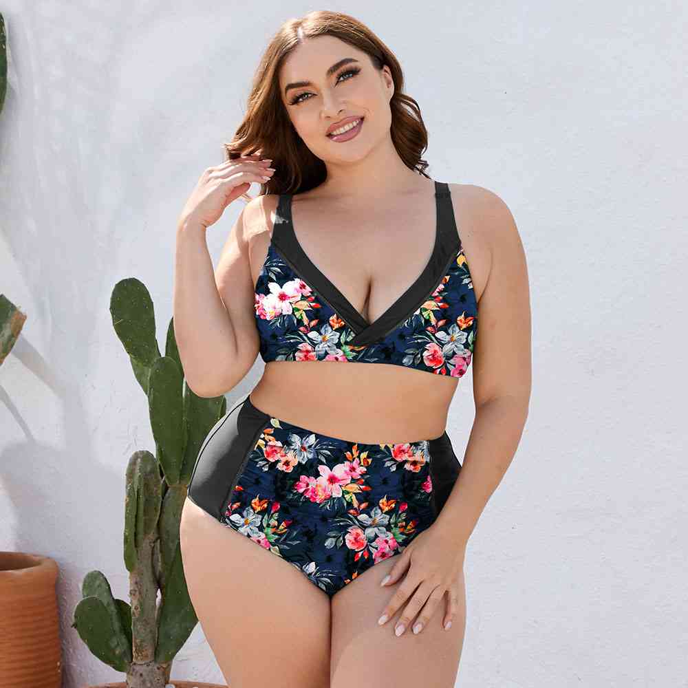 Plus Size Floral High Waist Two-Piece Swim Set Dark Navy / L