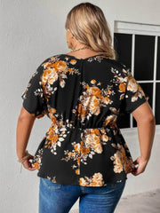 Plus Size Floral Print Cold Shoulder Peplum Top