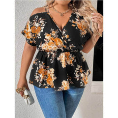 Plus Size Floral Print Cold Shoulder Peplum Top