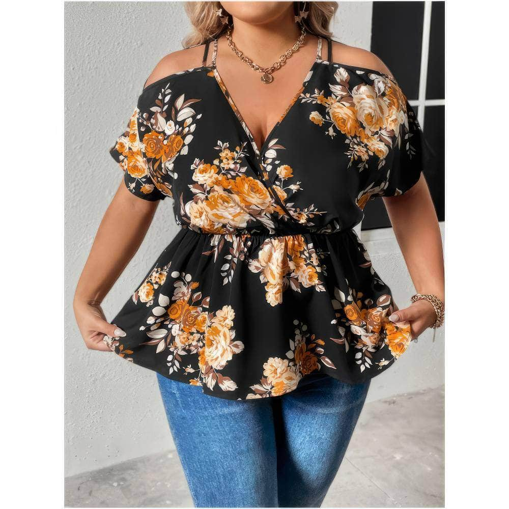 Plus Size Floral Print Cold Shoulder Peplum Top