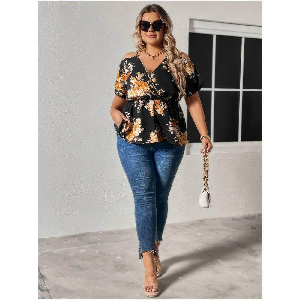 Plus Size Floral Print Cold Shoulder Peplum Top