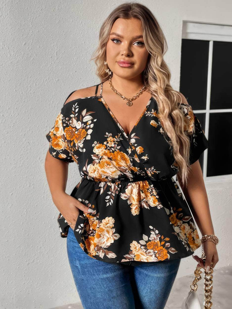 Plus Size Floral Print Cold Shoulder Peplum Top US 16-18 / Black