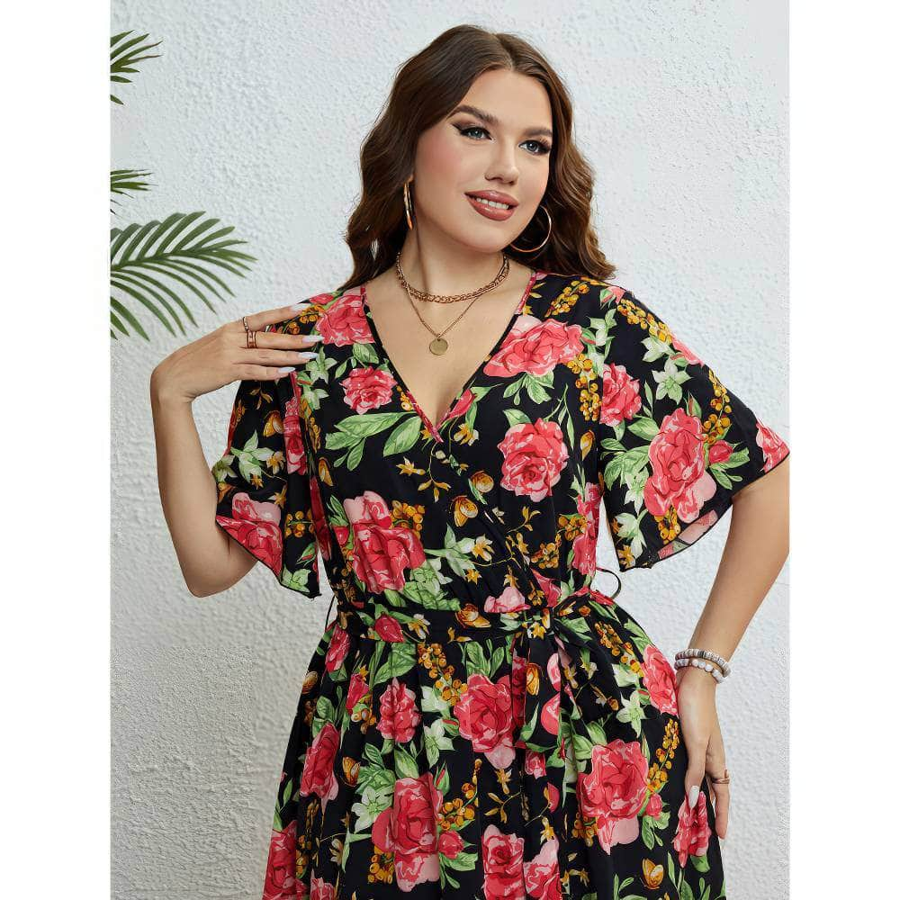 Plus Size Floral Print Surplice Neck A-line Midi Dress