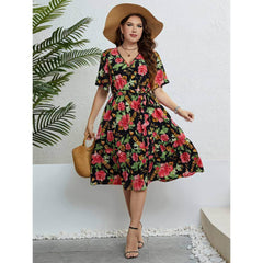 Plus Size Floral Print Surplice Neck A-line Midi Dress