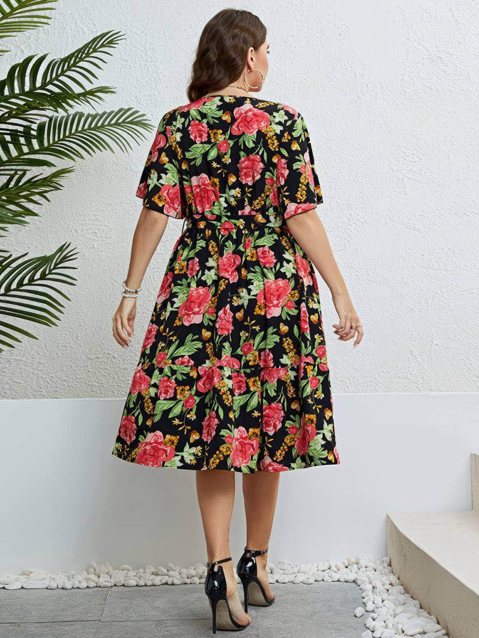 Plus Size Floral Print Surplice Neck A-line Midi Dress