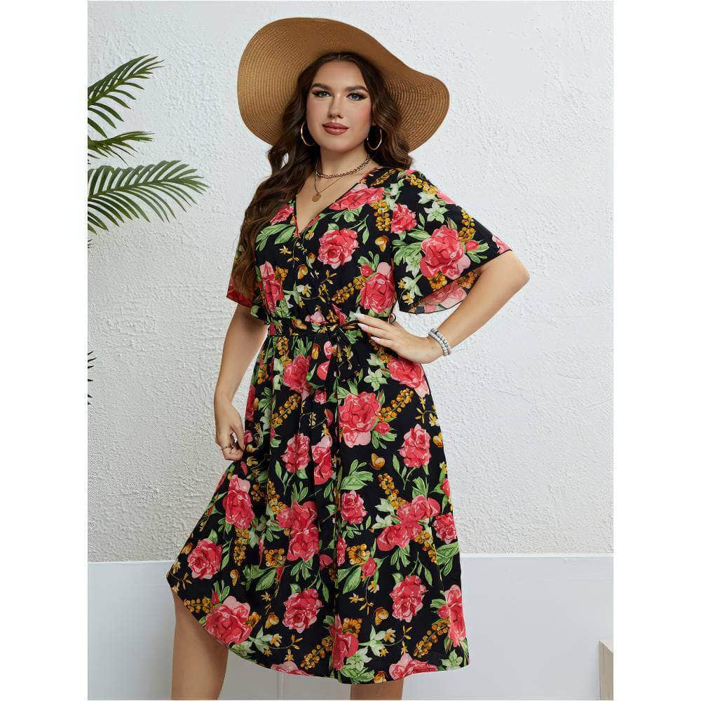 Plus Size Floral Print Surplice Neck A-line Midi Dress