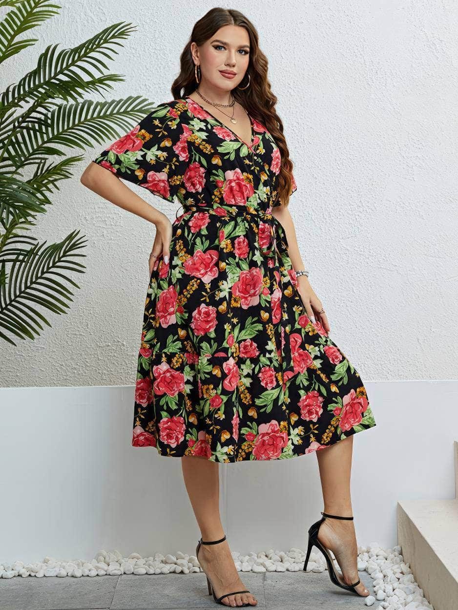 Plus Size Floral Print Surplice Neck A-line Midi Dress US 16-18 / Red