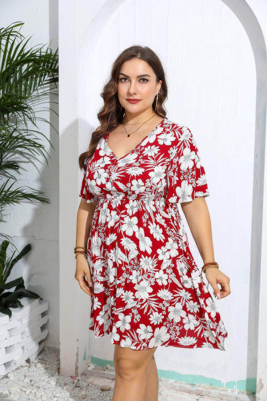 Plus Size Floral Print V Neck Flared Sleeves Dress