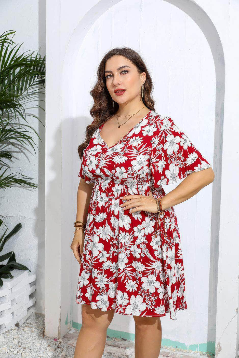 Plus Size Floral Print V Neck Flared Sleeves Dress