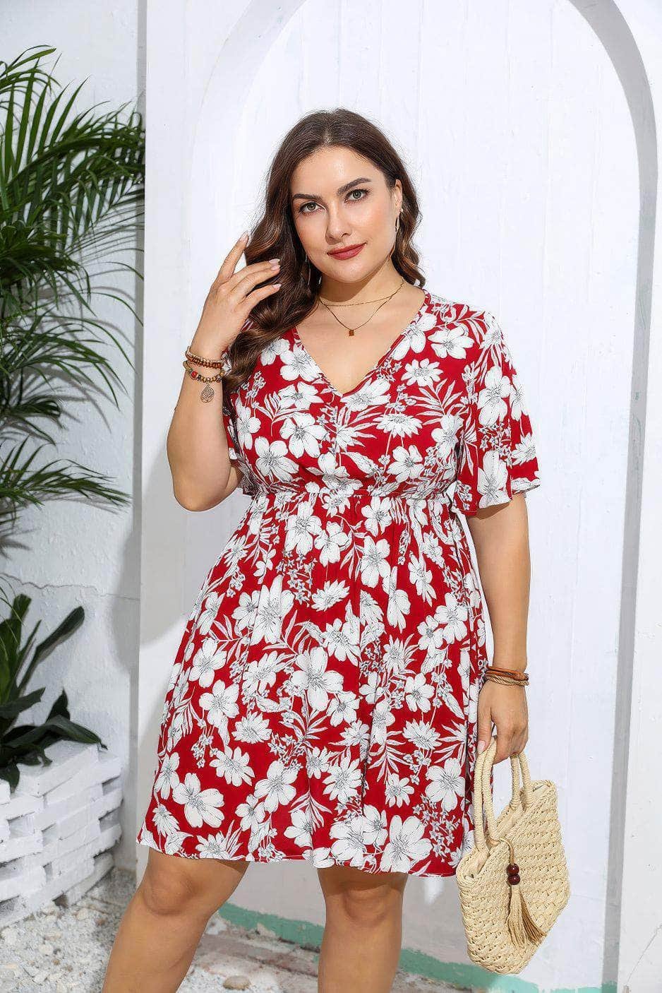 Plus Size Floral Print V Neck Flared Sleeves Dress