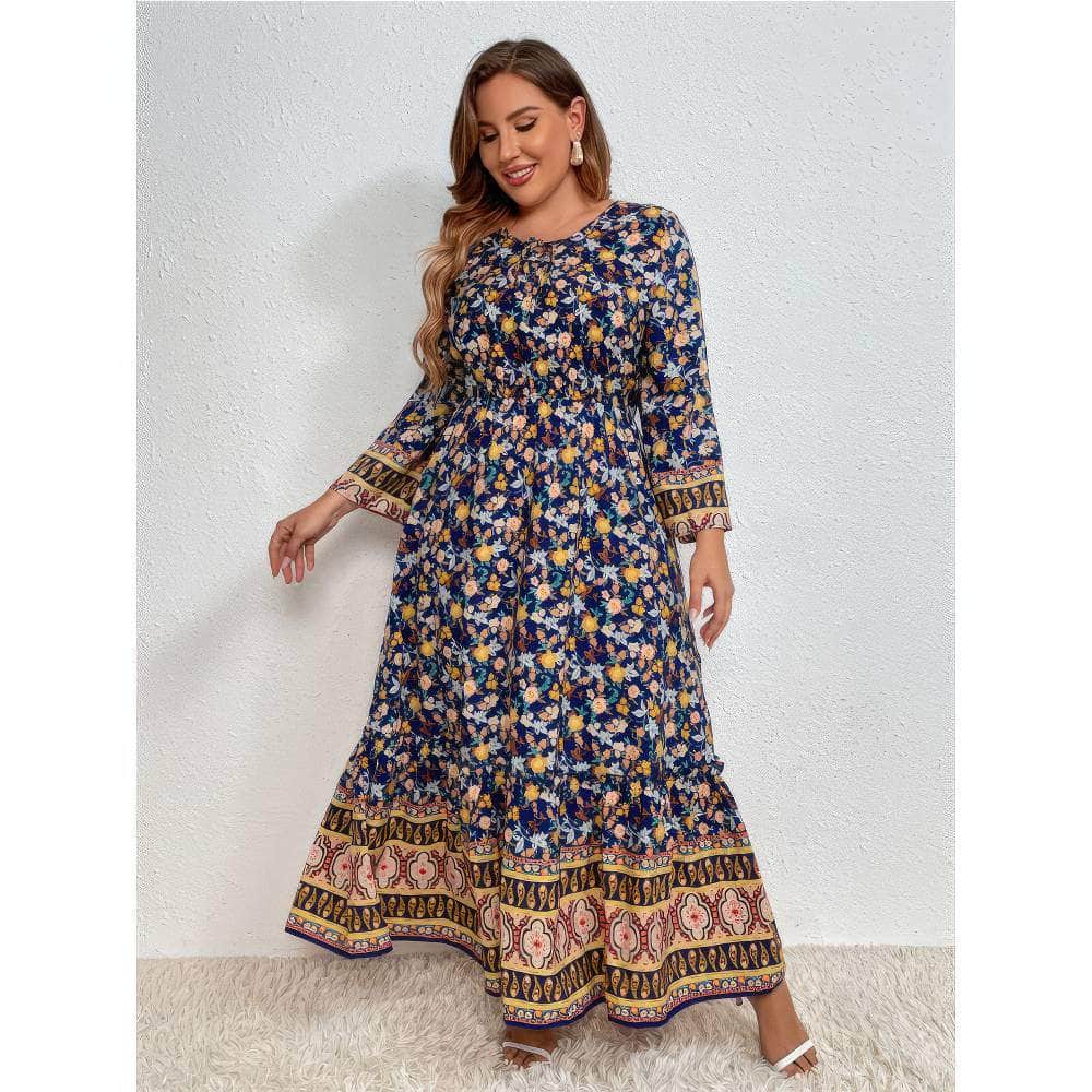 Plus Size Floral Sleeves Bohemian Floral Print Maxi Dress