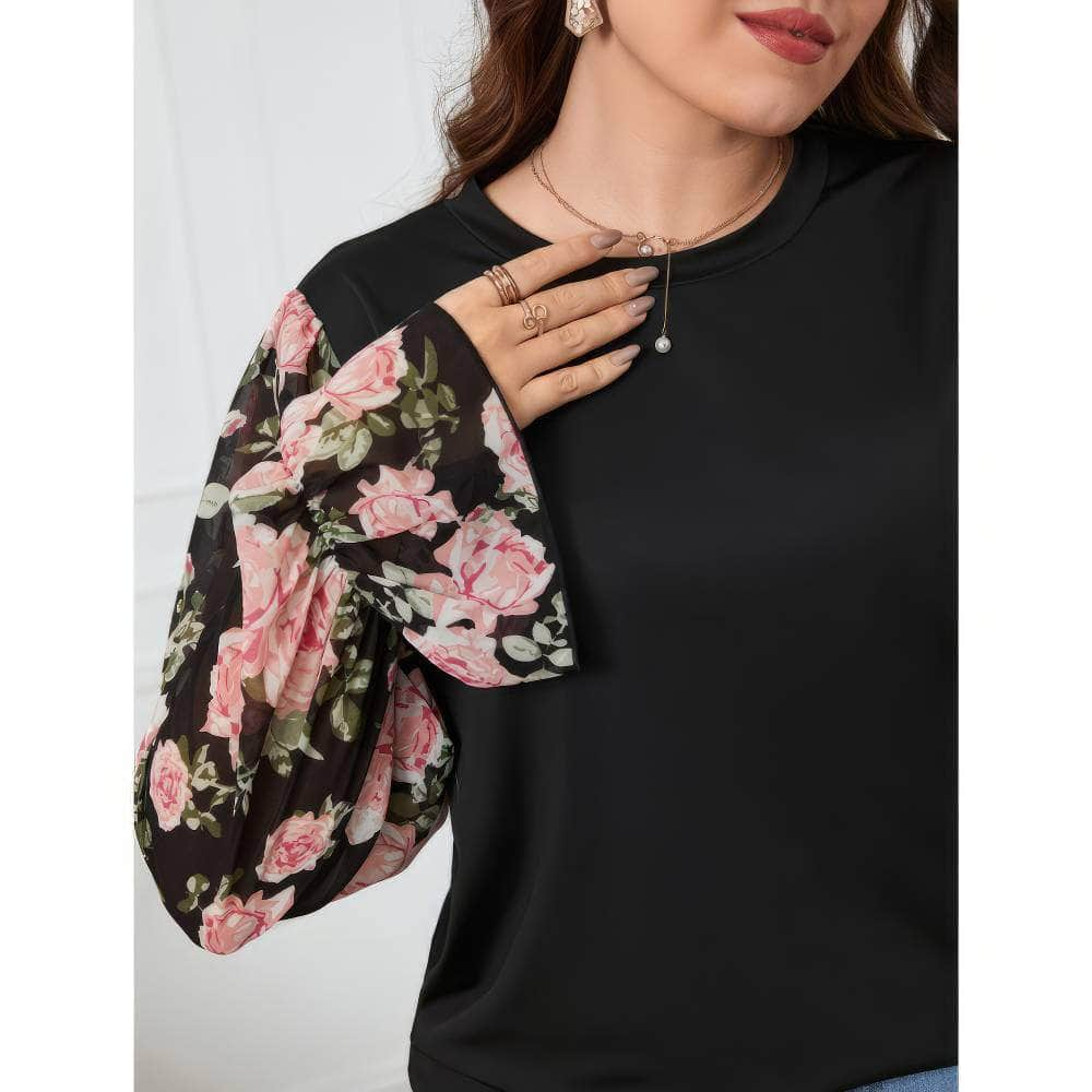 Plus Size Flounce Floral Print Sleeves Round Neck Top