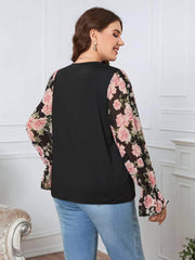 Plus Size Flounce Floral Print Sleeves Round Neck Top