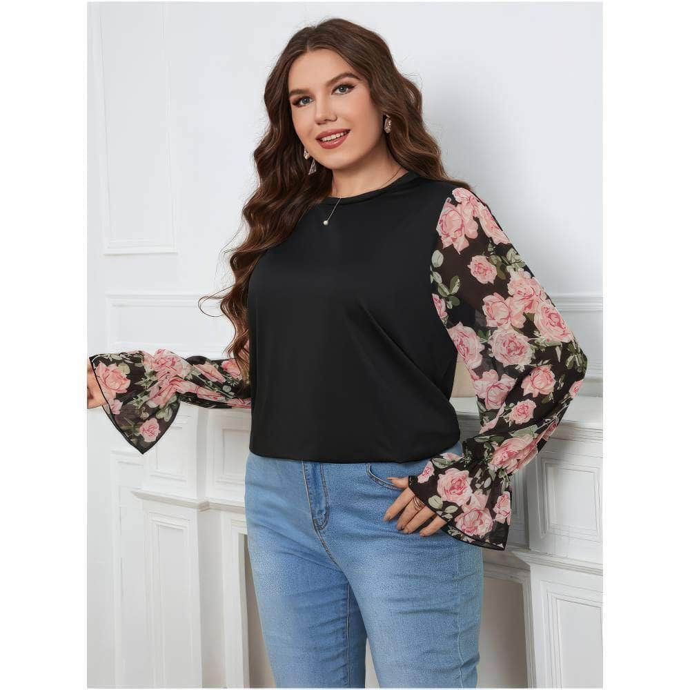 Plus Size Flounce Floral Print Sleeves Round Neck Top