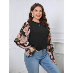 Plus Size Flounce Floral Print Sleeves Round Neck Top