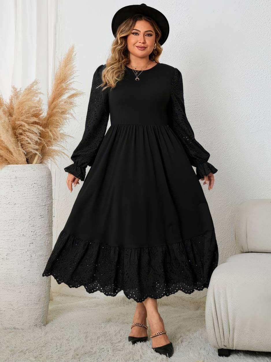 Plus Size Flounce Sleeves Lace Hem Vintage Dress US 16-18 / Black