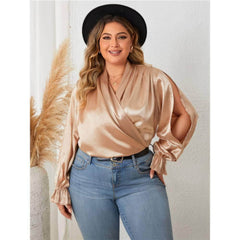 Plus Size Flounce Sleeves Surplice Neck Satin Blouse