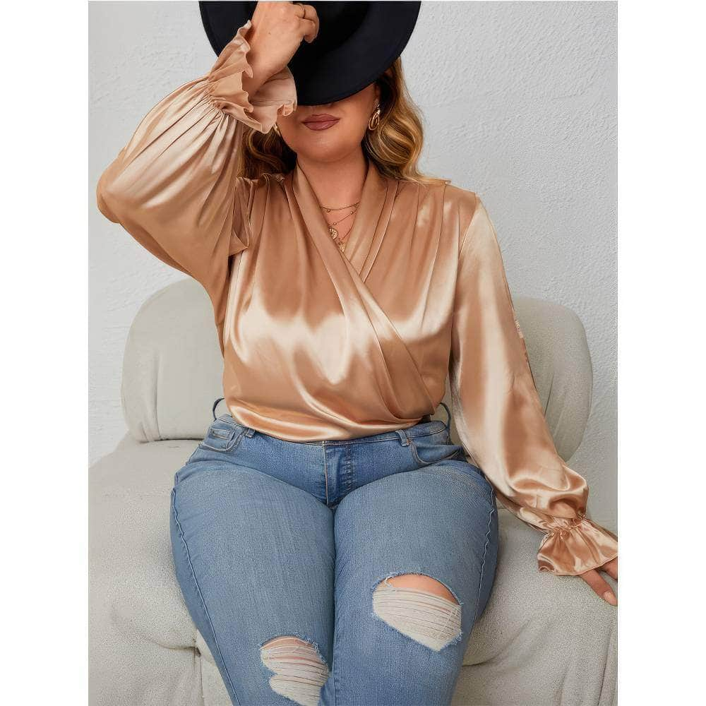 Plus Size Flounce Sleeves Surplice Neck Satin Blouse