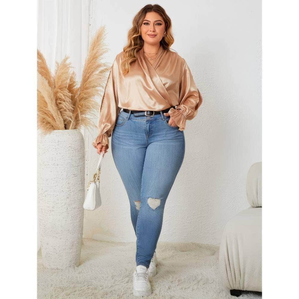 Plus Size Flounce Sleeves Surplice Neck Satin Blouse