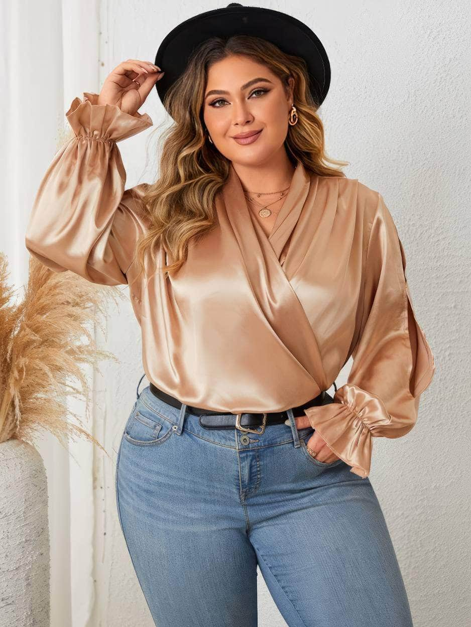 Plus Size Flounce Sleeves Surplice Neck Satin Blouse US 16-18 / Gold