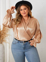 Plus Size Flounce Sleeves Surplice Neck Satin Blouse US 16-18 / Gold