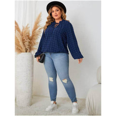 Plus Size Flounce Sleeves Tie Neck Lace Blouse