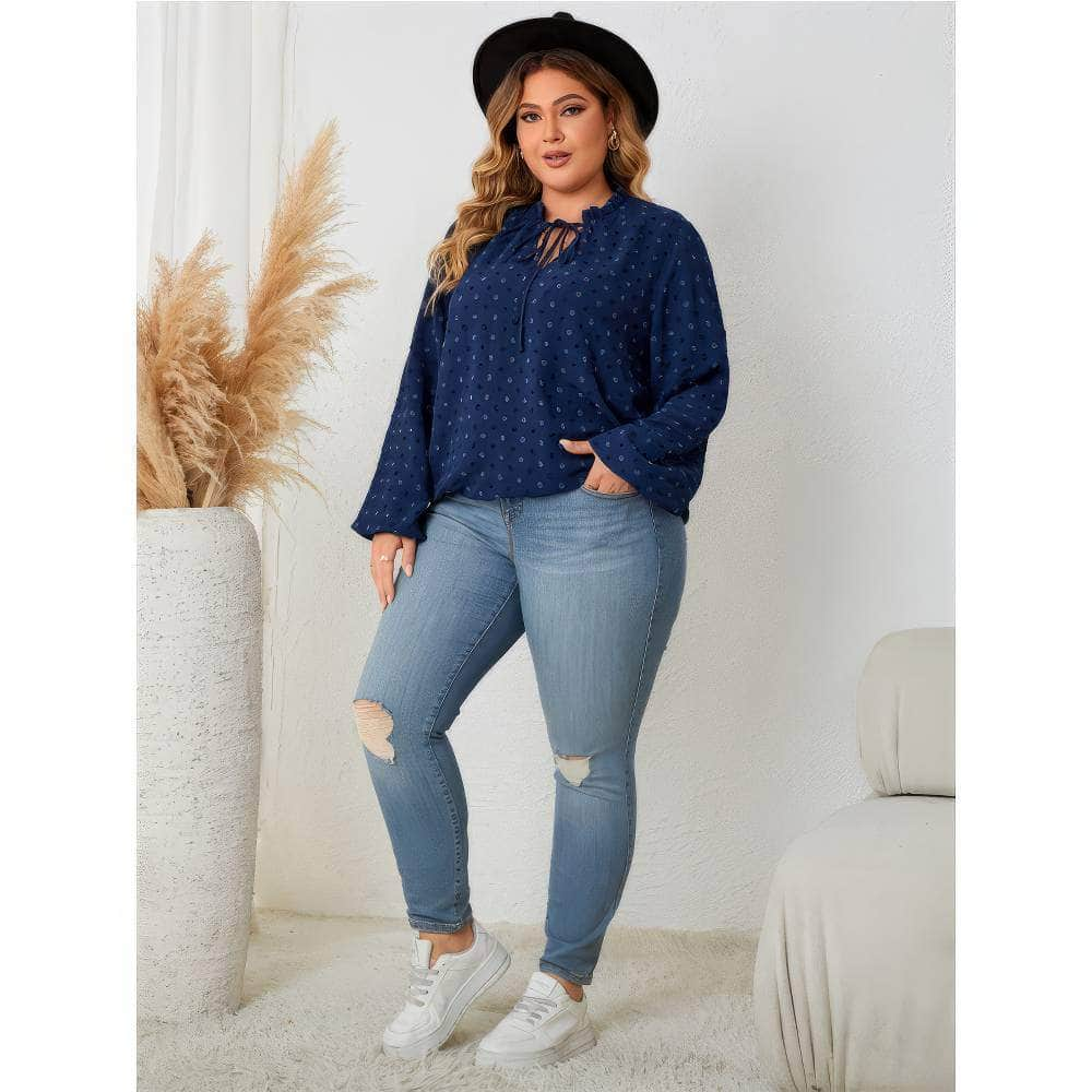 Plus Size Flounce Sleeves Tie Neck Lace Blouse