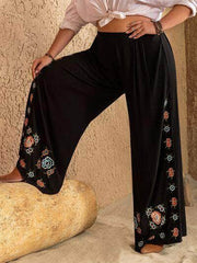 Plus Size Flower Elastic Waist Wide Leg Pants