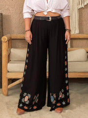 Plus Size Flower Elastic Waist Wide Leg Pants Black / 0XL