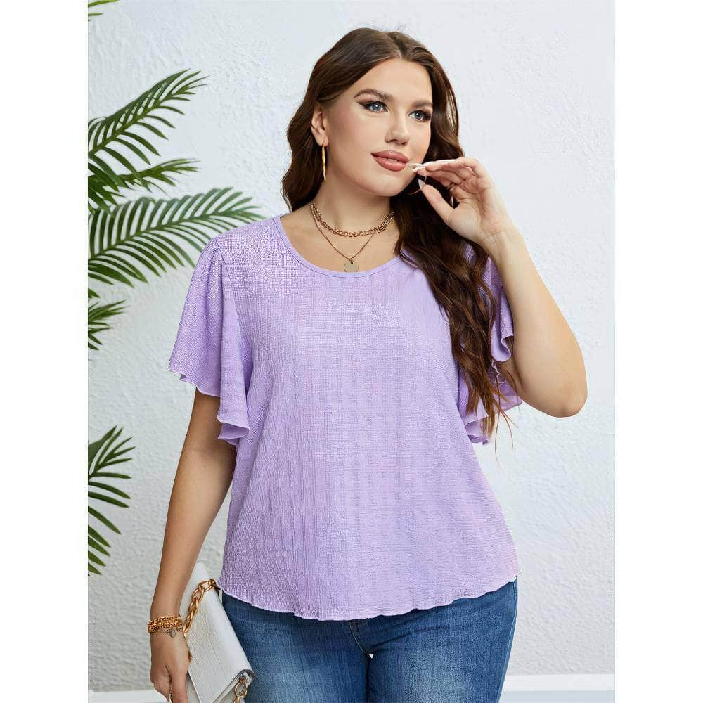 Plus Size Flutter Sleeves Round Neck Blouse