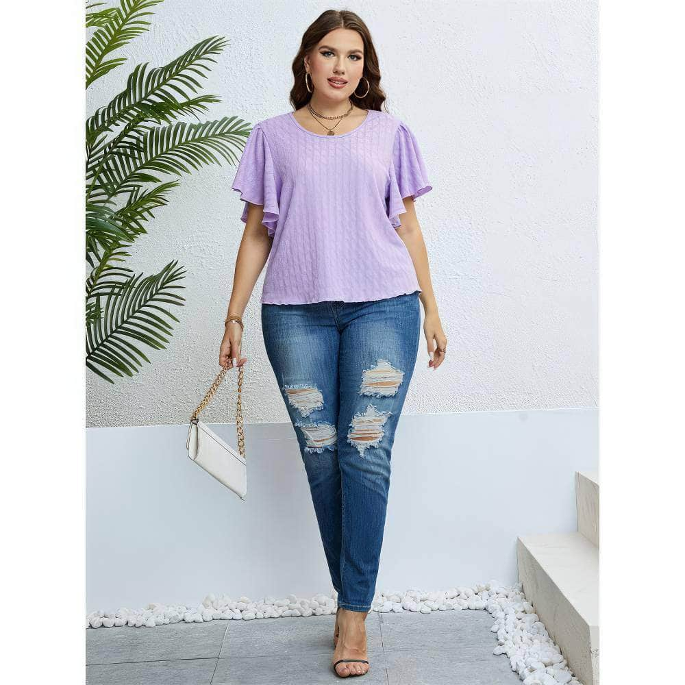 Plus Size Flutter Sleeves Round Neck Blouse