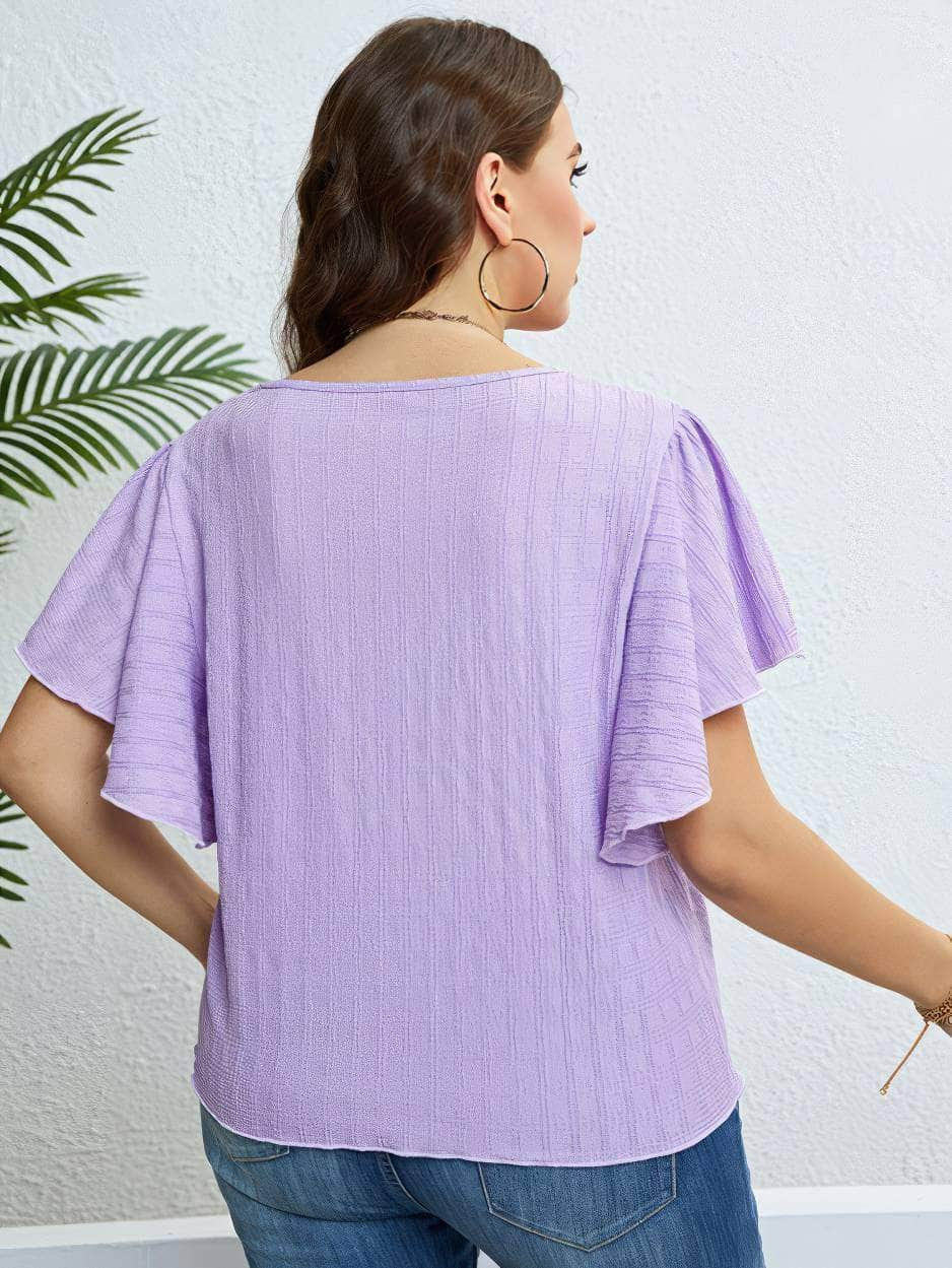 Plus Size Flutter Sleeves Round Neck Blouse