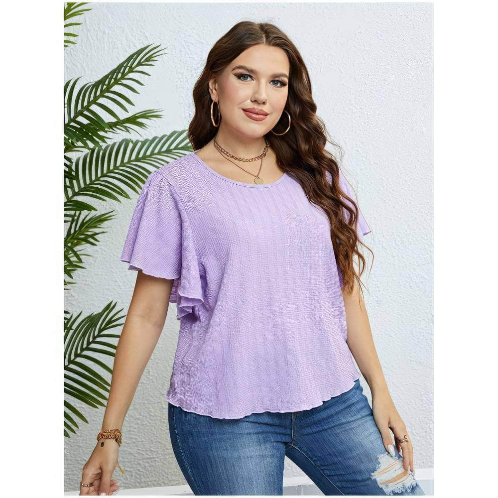 Plus Size Flutter Sleeves Round Neck Blouse