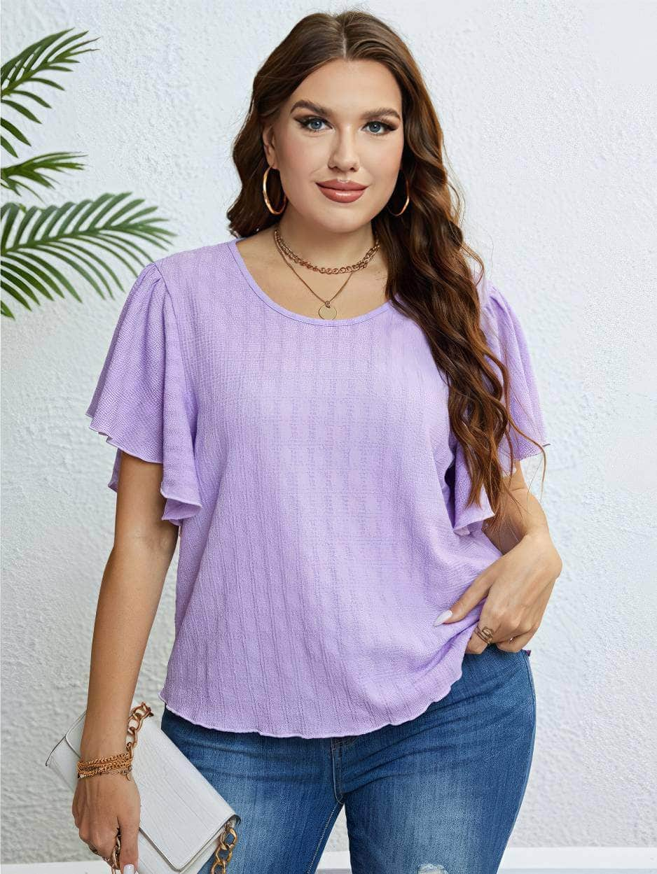 Plus Size Flutter Sleeves Round Neck Blouse US 16-18 / Plum