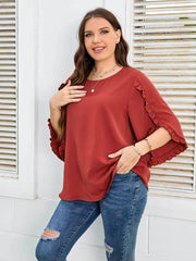 Plus Size Frill Trim Sleeves Round Neck Blouse