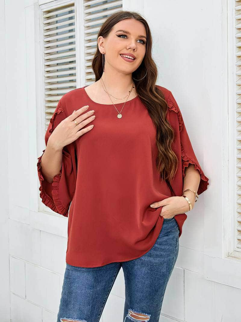 Plus Size Frill Trim Sleeves Round Neck Blouse