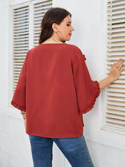 Plus Size Frill Trim Sleeves Round Neck Blouse