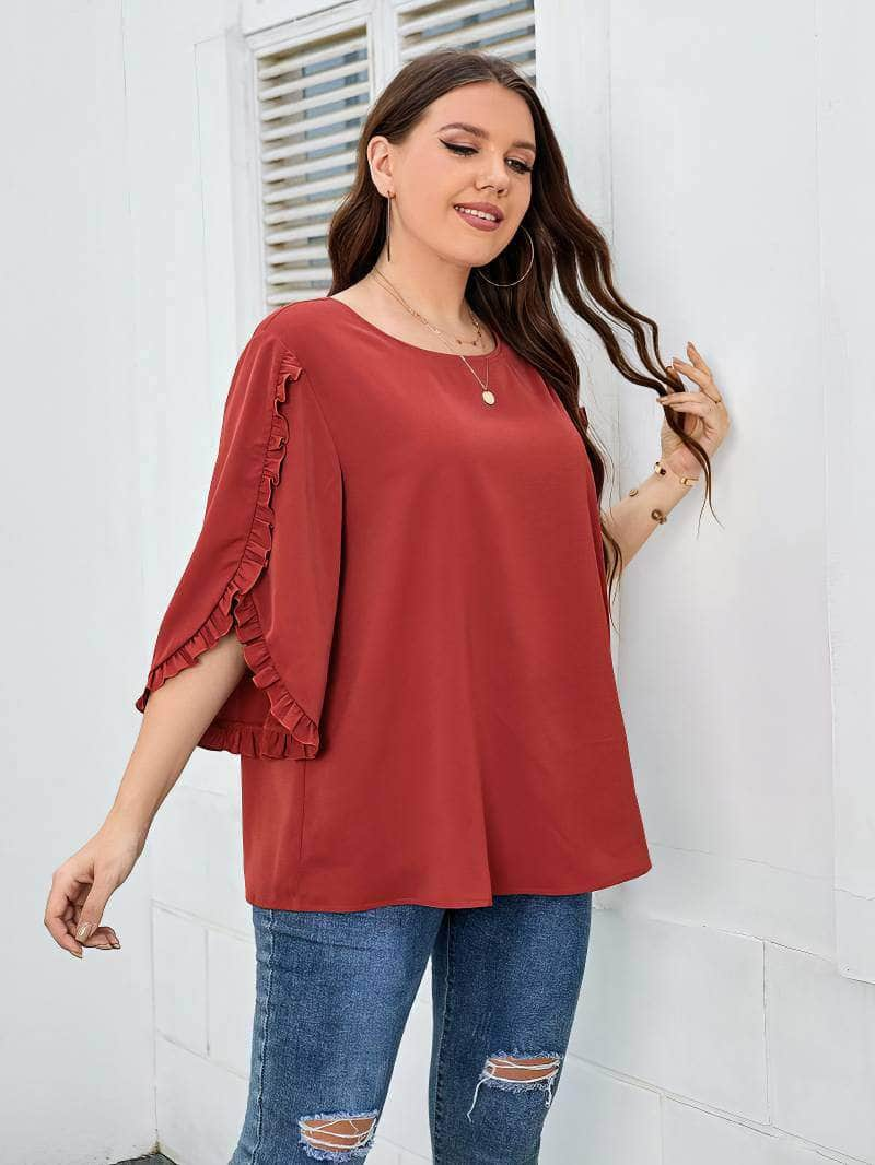 Plus Size Frill Trim Sleeves Round Neck Blouse