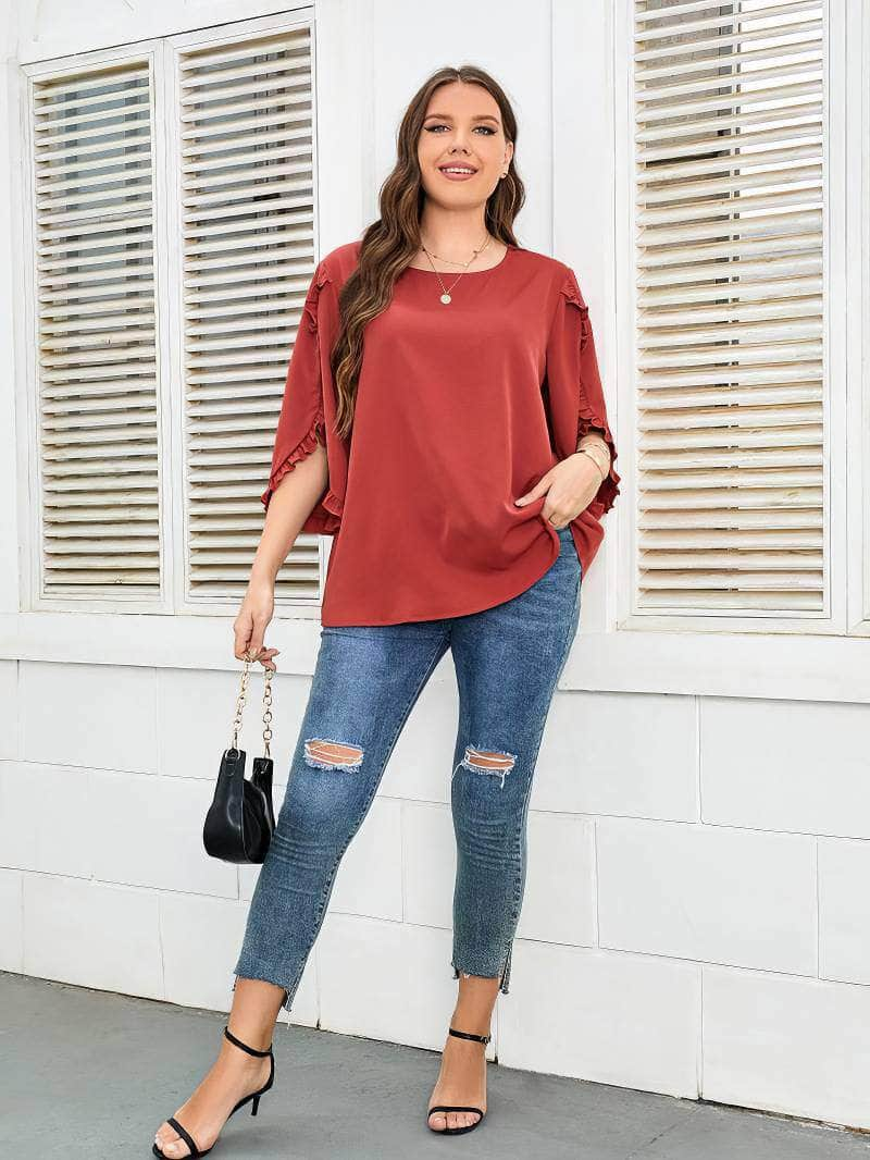 Plus Size Frill Trim Sleeves Round Neck Blouse