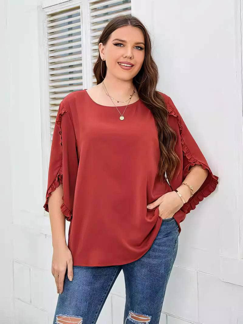 Plus Size Frill Trim Sleeves Round Neck Blouse US 16-18