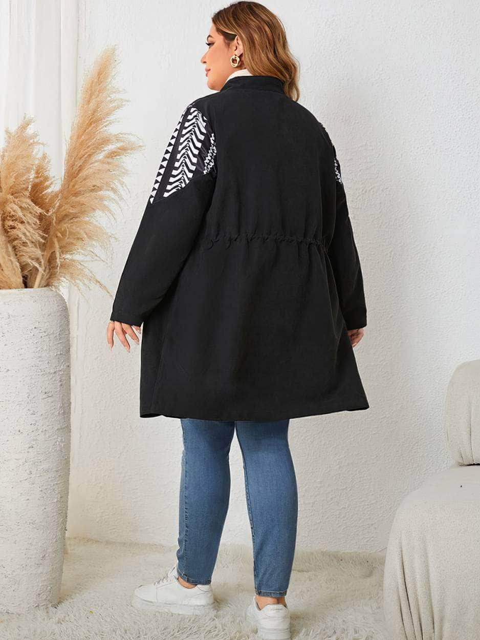 Plus Size Geometric Print Drawstring Waist Trench Coat