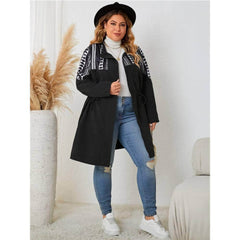 Plus Size Geometric Print Drawstring Waist Trench Coat